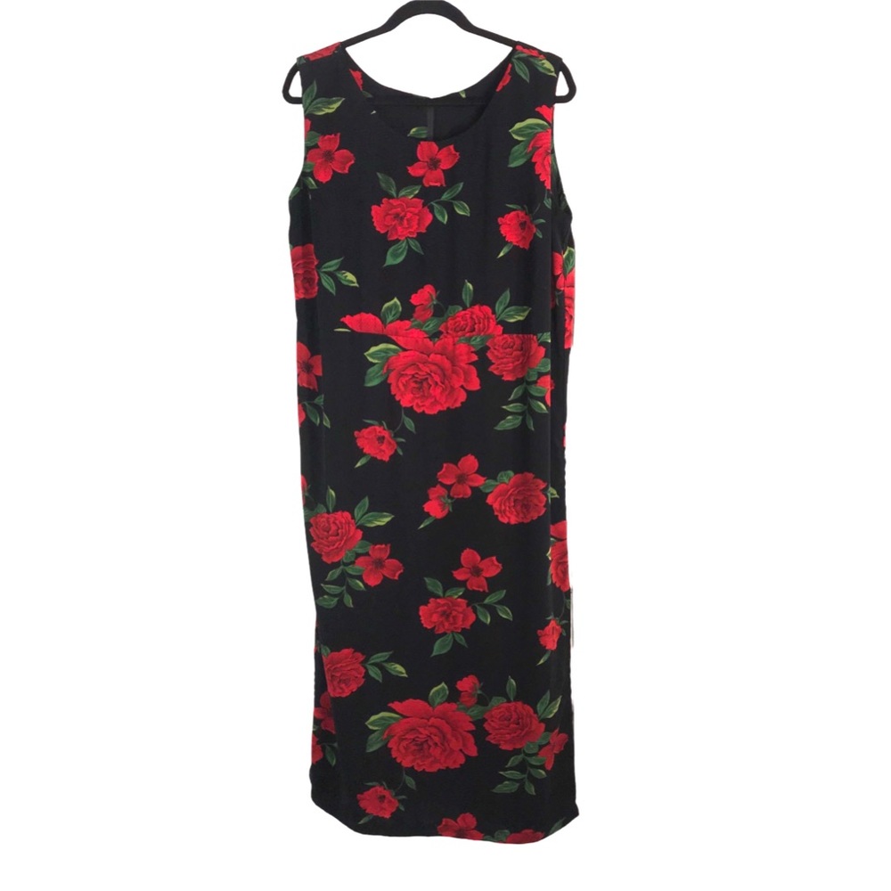 Vintage 1990s Black Red Roses Maxi Dress